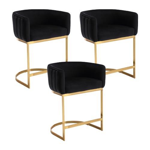 24 Modern Velvet Bar Stools Set of 3 with Golden Metal Legs, Black
