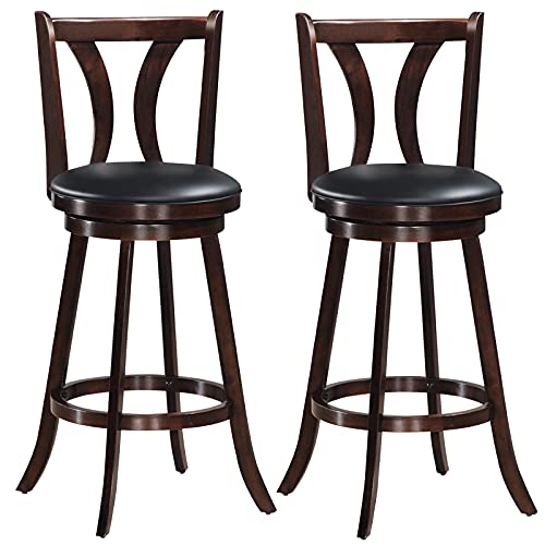 360-Degree Swivel Bar Stools Set of 2 with Leather Padded Seat and Solid Wood Legs