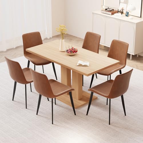 58'' Modern Dining Table Set with 6 Brown Chairs for Home