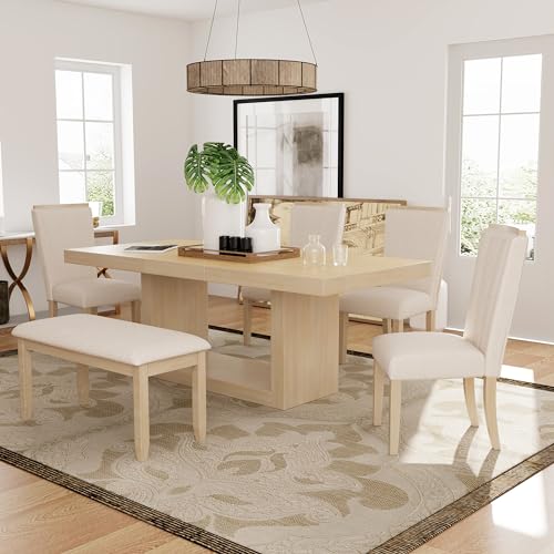 6-Piece Acacia Wood Extendable Dining Table Set with 4 Chairs and 1 Bench (Natural-UL)