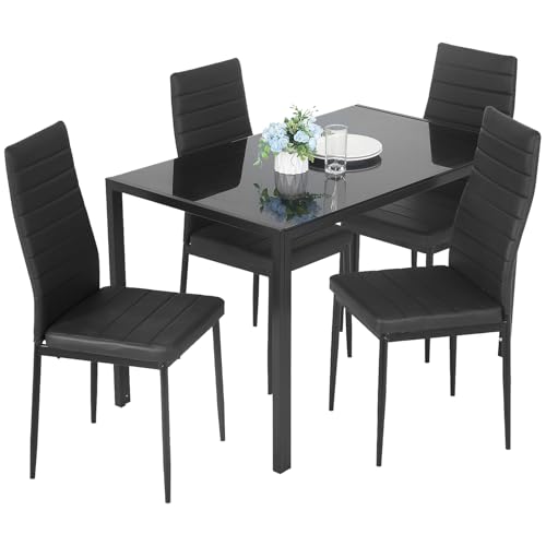 5-Piece Glass Dining Table Set with Upholstered Chairs for 4, Modern Space-Saving Furniture for Dining Room & Kitchen